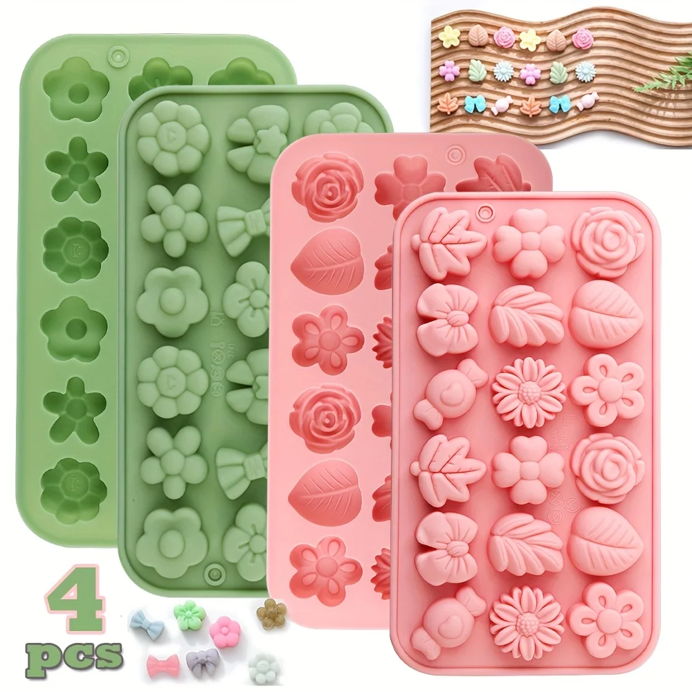 4-Pack Silicone Chocolate Candy Molds, Various Flower and Leaf Shapes, Cute Candy and Cake Molds, Decorative Tools, DIY Pudding and Cookie Molds, Pink and Green