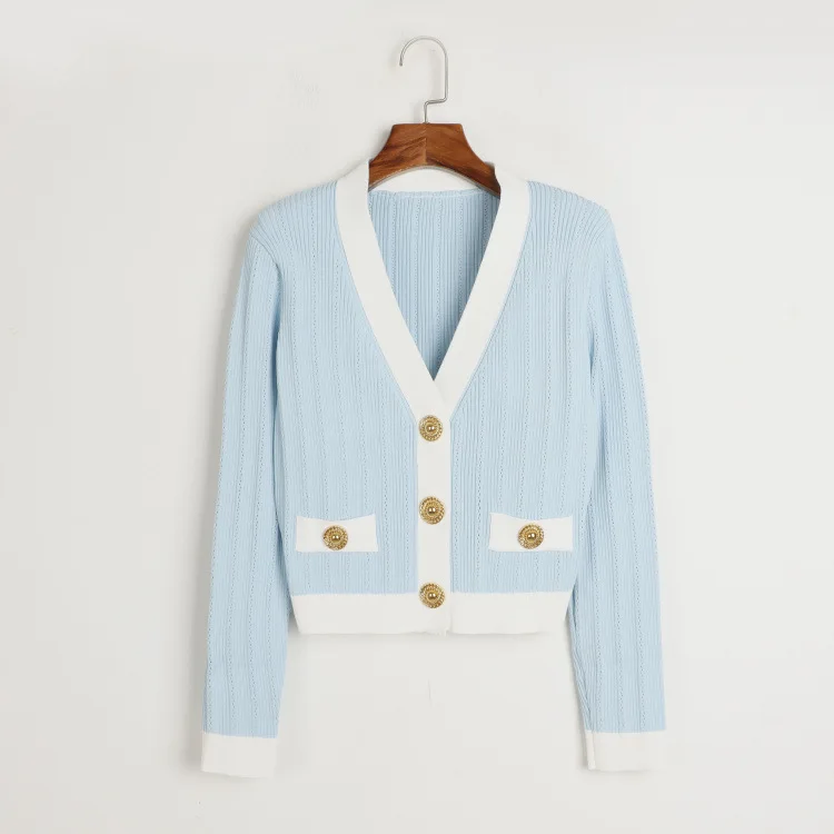 

Early autumn women's knitted cardigan splicing V-neck hollow single-breasted elastic slim fit