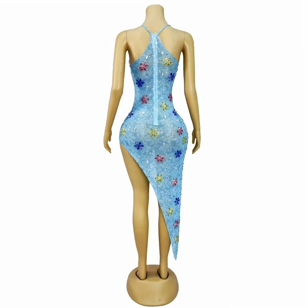 أزياء مثير الملونة الراين شفافة غير النظامية اللباس المرأة حفلة موسيقية مساء احتفال عيد ميلاد فستان قصير المغني زي