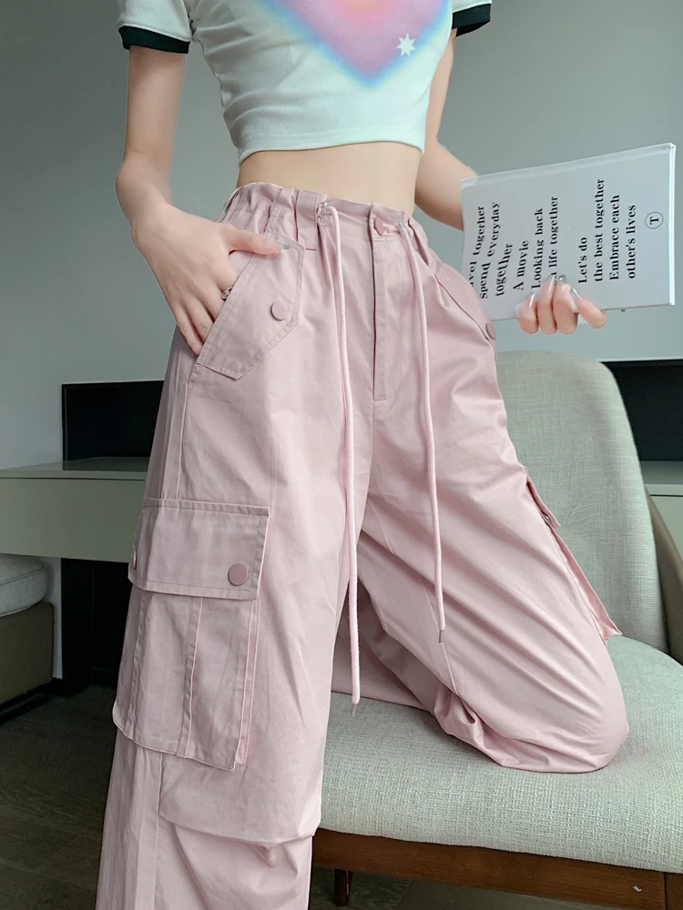 Roze hoge taille rechte pijpen dunne casual sportbroek dames zomer losse wijde pijpen werkkleding broek Koreaanse Sle pendelen