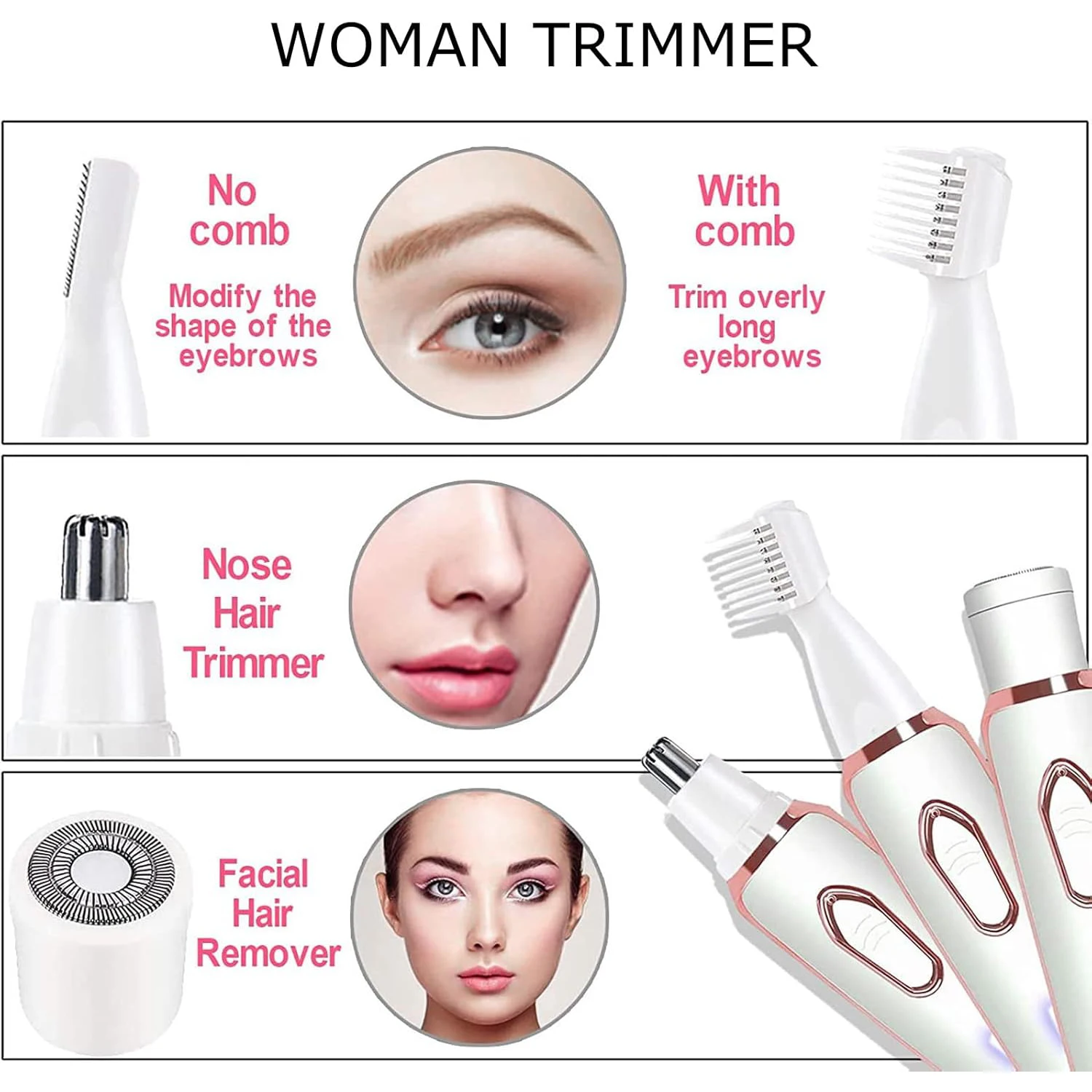 Electric Razor for Women Shaver 4 in 1 Hair Trimmer for Lady Face Armpit Leg Bikini Body Epilator Portable Painless Hair Remover