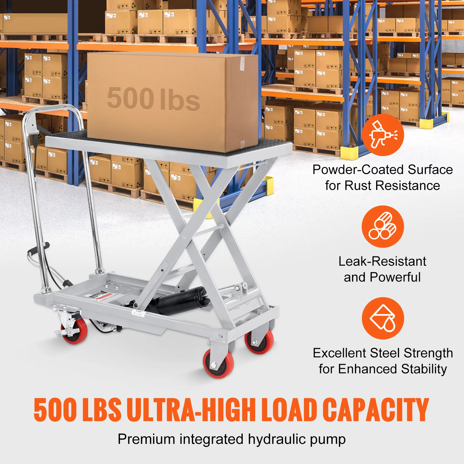SucceBuy Platform Gunting Tunggal Manual Gerobak Meja Angkat Hidraulik 330/500lbs dengan 4 Roda & Bantalan Anti-selip untuk Penanganan Material