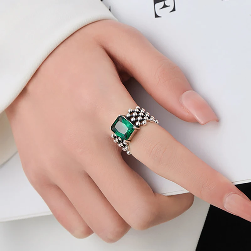 Foxanry 1 PCS Silver Color Green Zircon Cuff Ring For Women New Fashion Vintage Hip Hop Birthday Party Jewelry Accessories Gifts