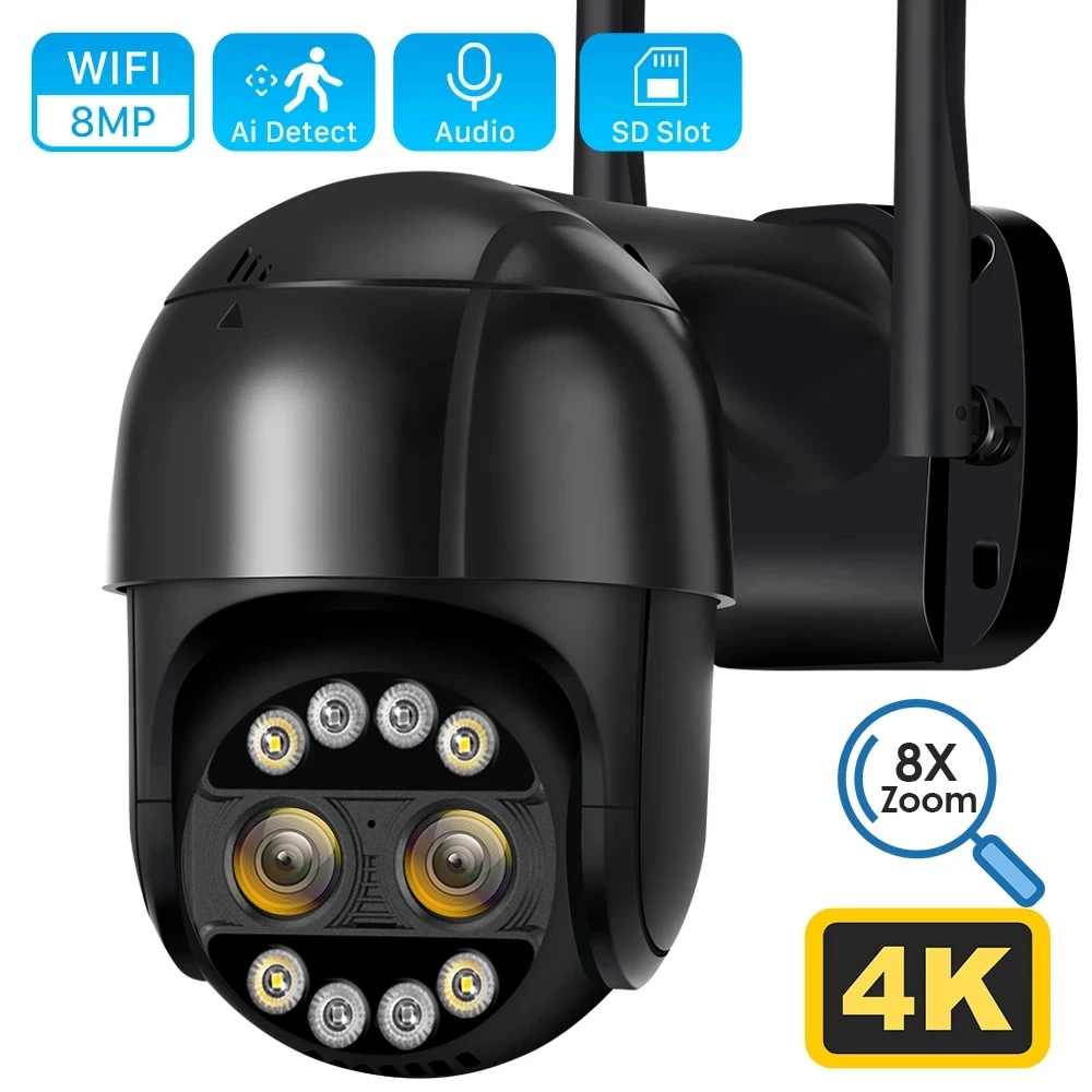 Cámara de vigilancia CCTV para exteriores, con doble lente Dispositivo de vigilancia, 8MP, 4K, Wifi, PTZ, Zoom 8x, Nube de detección humana, iCSee