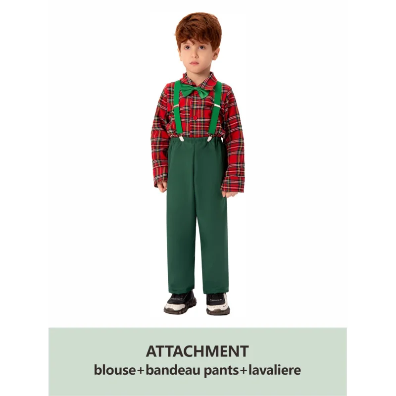 RT01 Boy Gentleman Outfit Christmas Plaid Print Button Long Sleeves Shirt Suspender Pants Set Formal Wear*Jk2