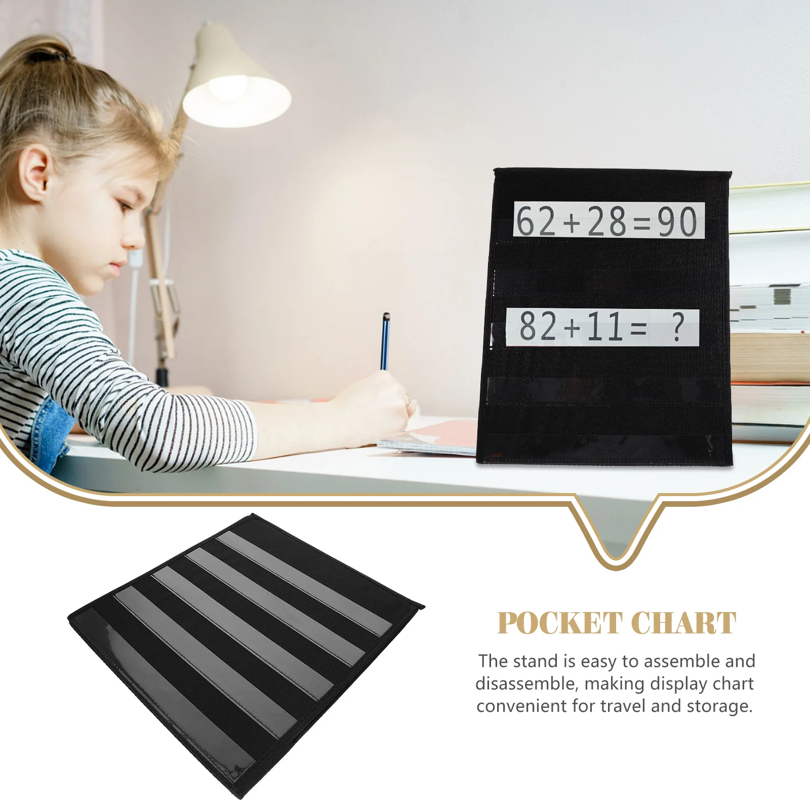 

Double Sided Display Stand Black Folding Desktop Pocket Chart Teaching Aid Slot Kids Educational Supplies Storage Bag
