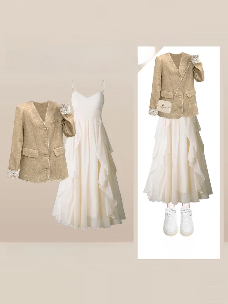 

Ele кружевной комплект с v-образным вырезом, женский зимний модный длинный комплект из двух предметов с высокой талией, милое платье на бретельках