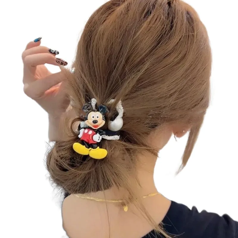 Anillo de pelo con borde de encaje de Anime de Disney Kawaii, dibujos animados de Mickey Mouse, cinta elástica exquisita y dulce, regalo para niña, novedad de 2024