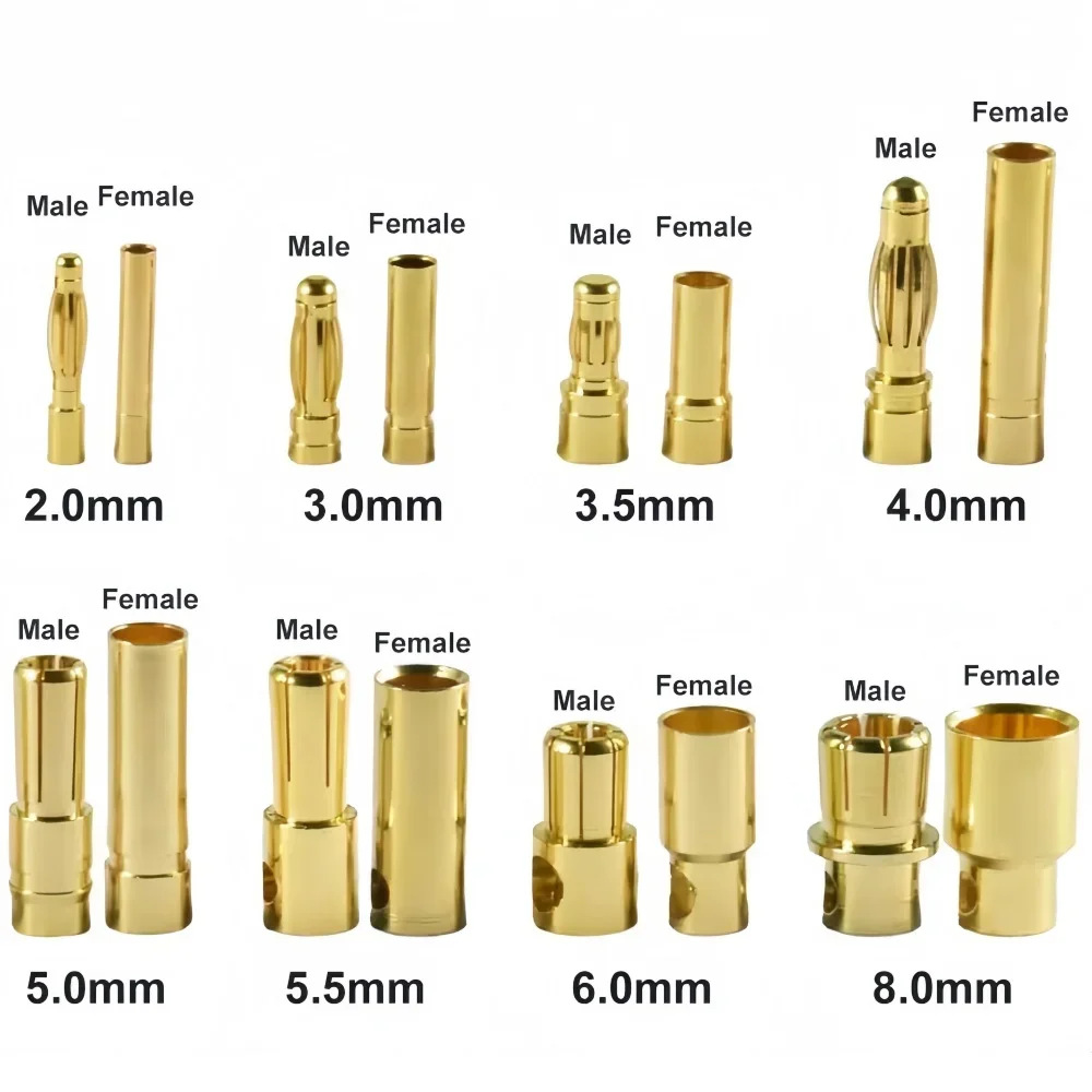 Gold Plated Banana Plugs 2.0-8.0mm, Pure Copper RC Motor Connectors Male Female Set for ESC Battery, 30A-130A