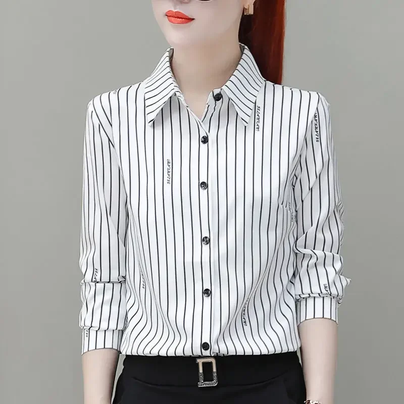 2023 Spring and Autumn Women\'s Polo Button Striped SlimCardigan Bottom Shirt Fashion Casual Elegant Commuter Long Sleeve Tops