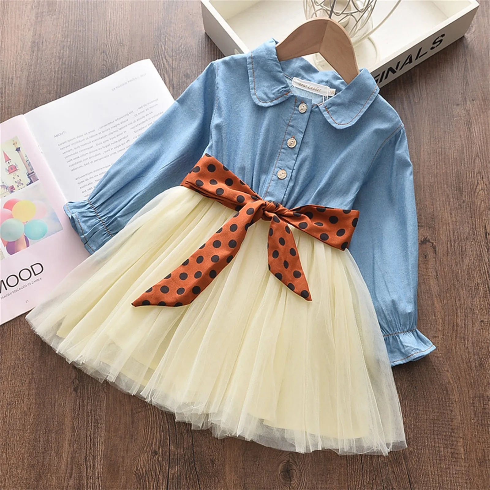 

A Line Dress For Girls Fashion Belt Dot Polka Denim Dresses Fashion Color Patchwork Outfits Casual Street Little Girls Clothes