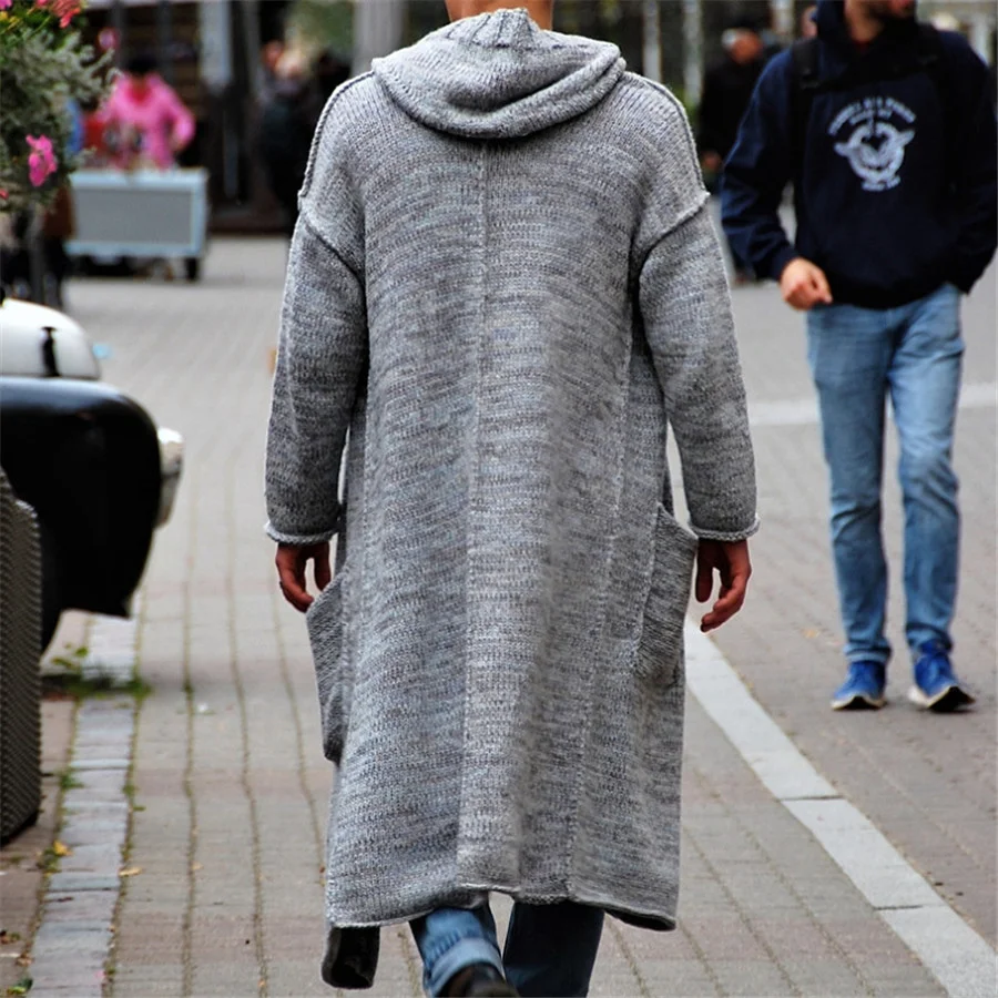 Gray Men\'s Knitted Cardigan Fashion Long Sweaters Male Casual Long Sleeve Outerwear Autumn Winter Warm Hoodie Loose Streetwear