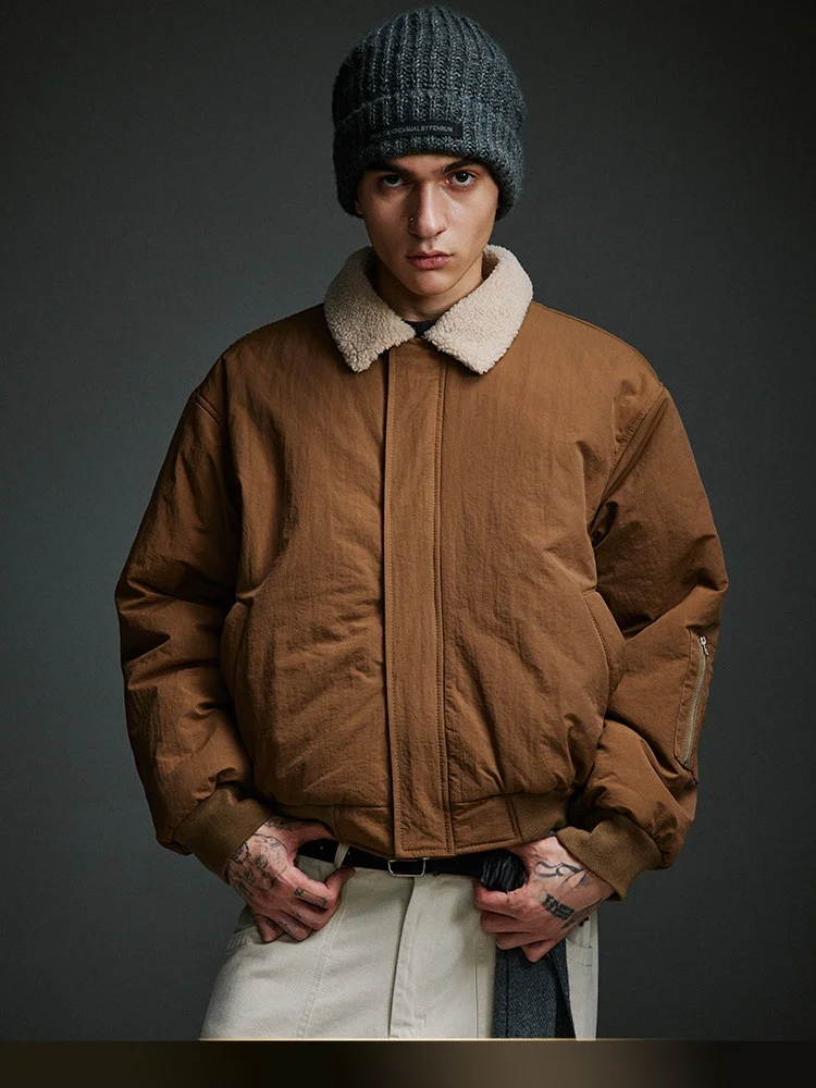 

American Retro Lamb Fur Collar Thiened Long Sve Cotton Jaet Men Winter Loose Versatile ort Sle Cotton Coat