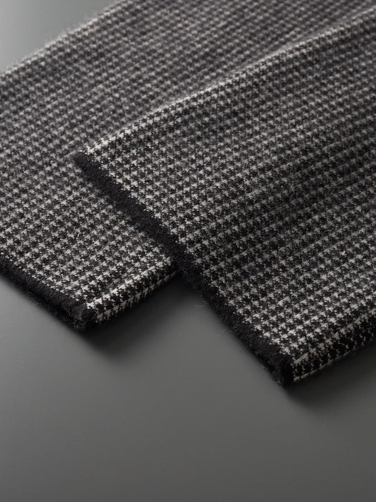 Men's 100% Cashmere Wide Leg Pants Autumn Winter Jacquard Thicken Trousers Casual Knitted Houndstooth Pockets Drawstring Pants