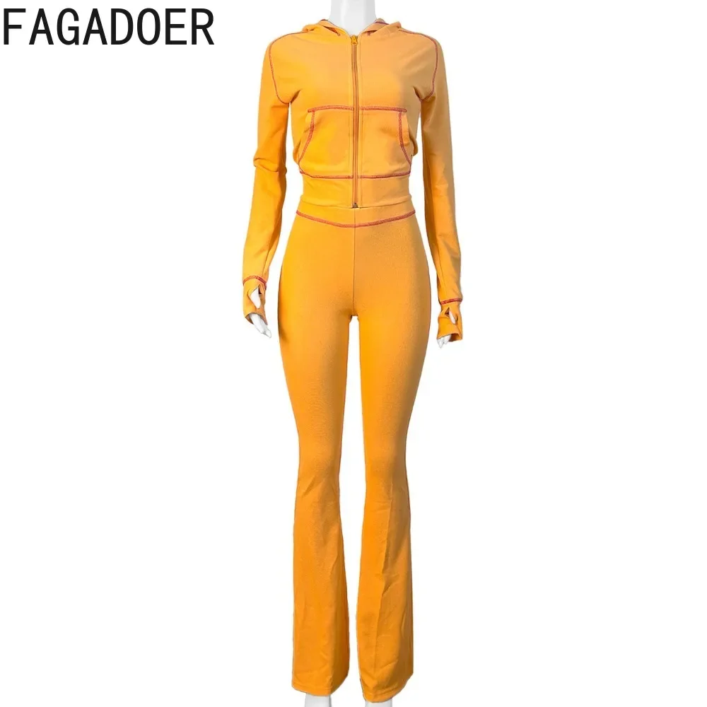 FAGADOER Autumn Waffle Flare Pants Two Piece Sets Women Hooded Long Sleeve Zip Coat And Pants Outfits INS New Female Clothing