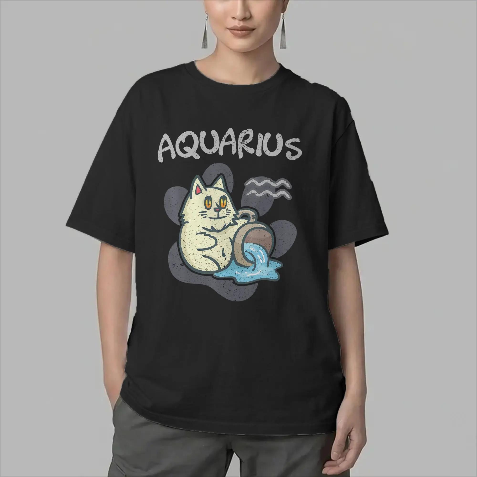 Novelty Aquarius Cats Horoscope Aquarius Zodiac Astrology T-Shirt Men O Neck 100% Cotton T Shirts  Short Sleeve Tee Shirt Tops