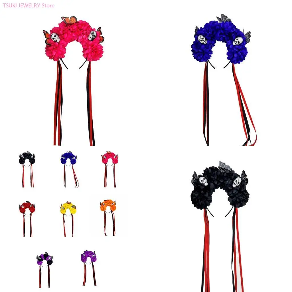 

62KE Adjustable Comfortable Skull And Floral Headpiece Costume Accessories For Halloween Cosplays Parties And Event