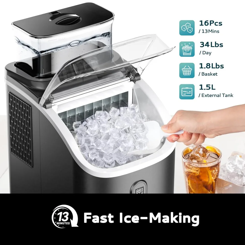 Maker Machine Countertop with External Water Tank，34Lbs，16Pcs Ready in 13 Mins，2 Ways to Add Water，with Ice Scoop&Basket (Black)