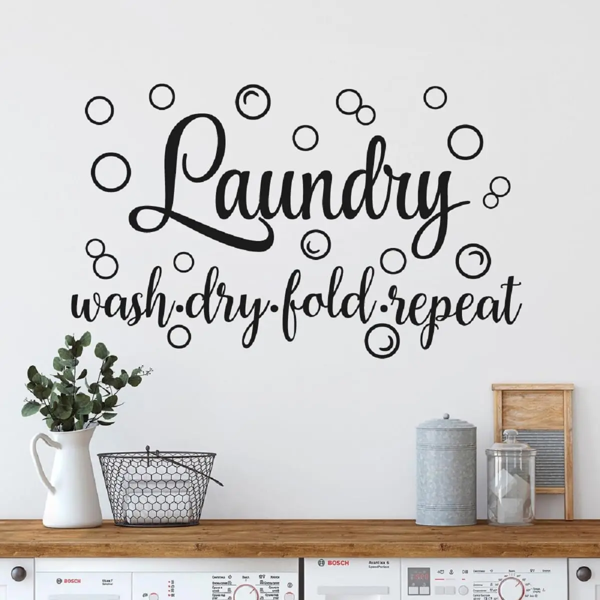 Laundry Room Wall Decals Farmhouse Wash Dry Fold Repeat Wall Stickers with Bubbles Home Organization Wall Decor