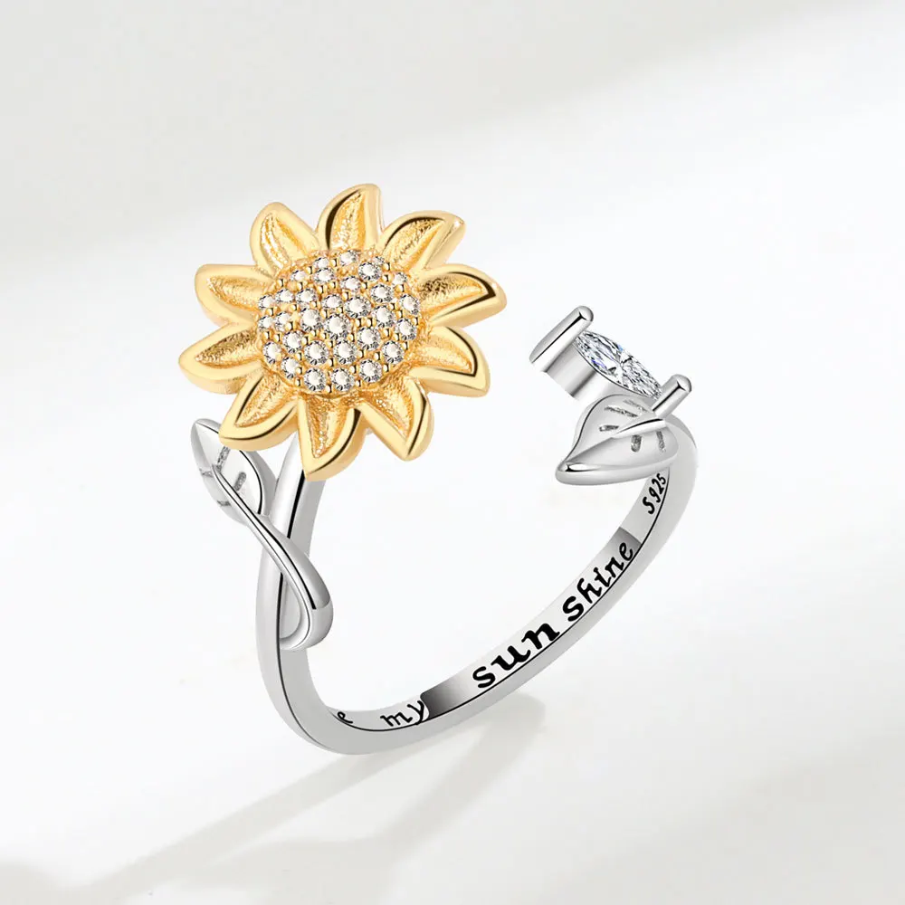 Sunflower Crystal Women's Ring Anxiety Relief Anti-Stress Spinning Aesthetic Adjustable Wedding Finger Ring bague femme view 3