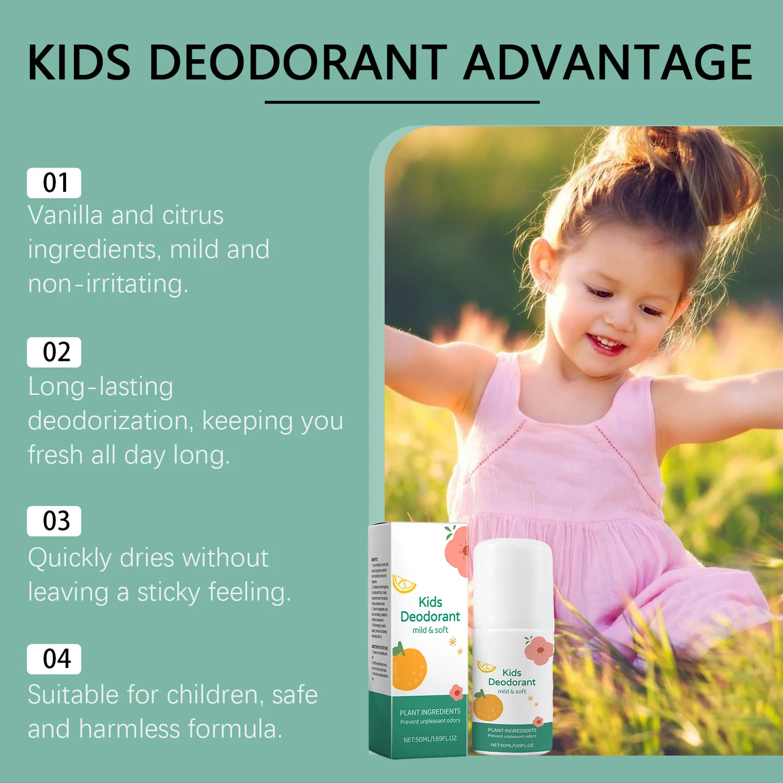 50ml Children's Roll-On Deodorant Safe Ingredients Body Deodorant for Camping Walking Traveling