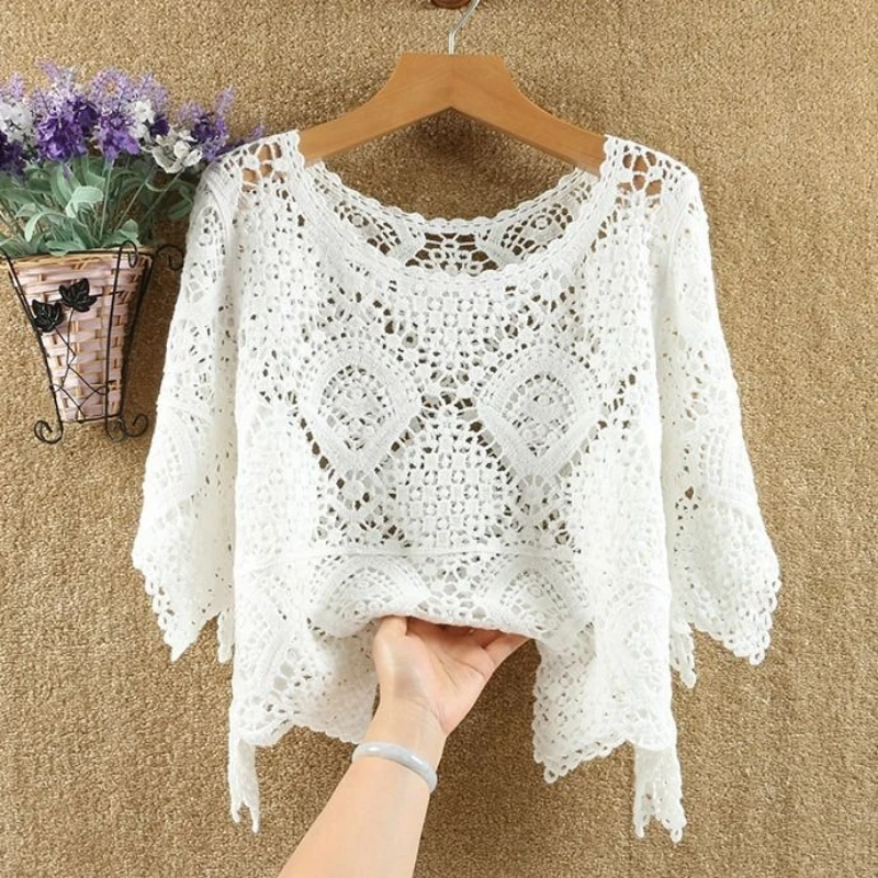 Female Knitted Hollow See-Though Cover Up Top for Women Full Sleeve Solid Loose Beach Knitwear Long Sweater Blouse Summer Q318