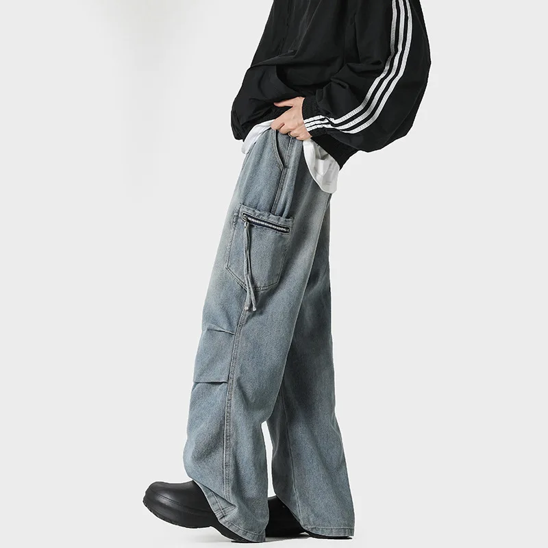 الكورية شارع العليا الرجعية مطوي الجينز الرجال الجينز عارضة فضفاض عالية الخصر الجينز عمال السراويل #6