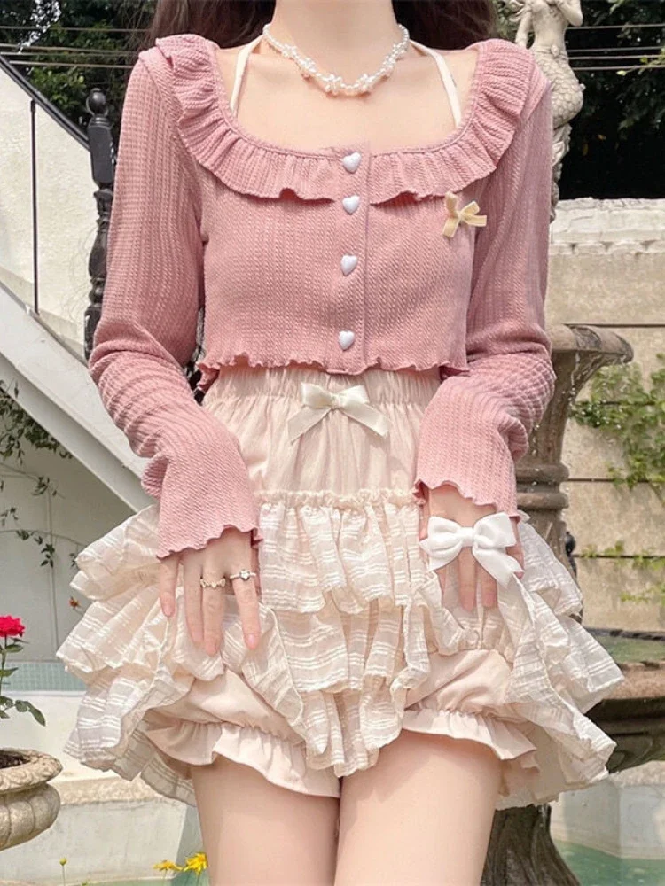 Pink Japanese Kawaii Two Piece Set Women Sweet Party Bow Cute Skirt Suit Female Elegant Long Sleeve Cardigan＋Mini Cake Skirt New