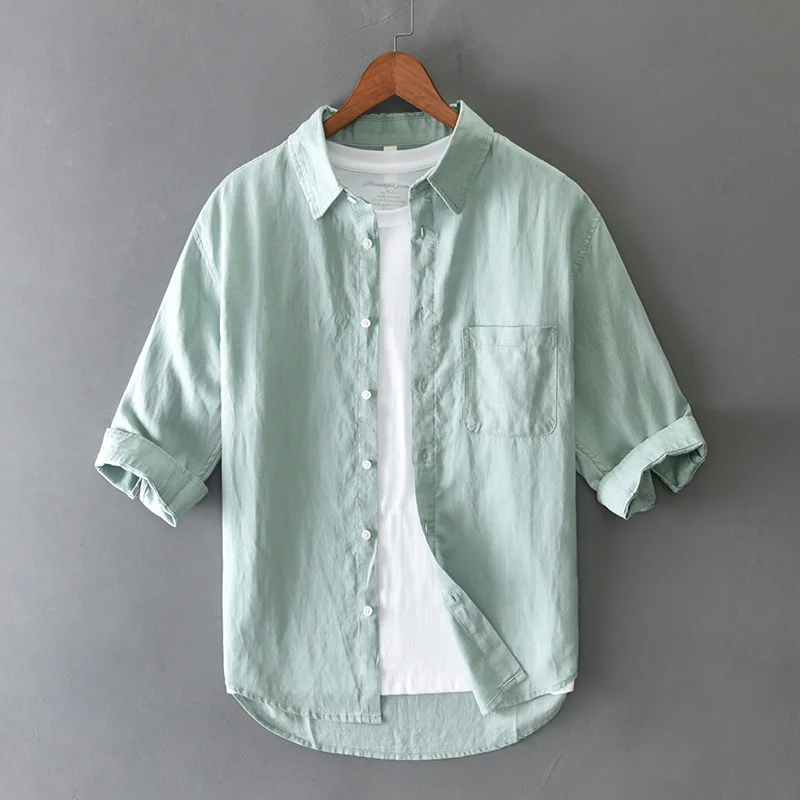 

T201 Three Quarter Sleeve Linen Blended Shirt for Men Summer Fashion Good Quality Thin Breathable Soft Cozy Basic Lapel Blouses