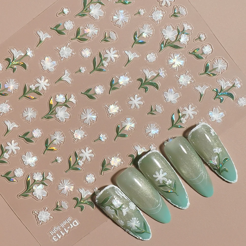 

Summer Holographic White Floral Nail Stickers Cute Self-Adhesive Nail Art Decals for Girls & Women