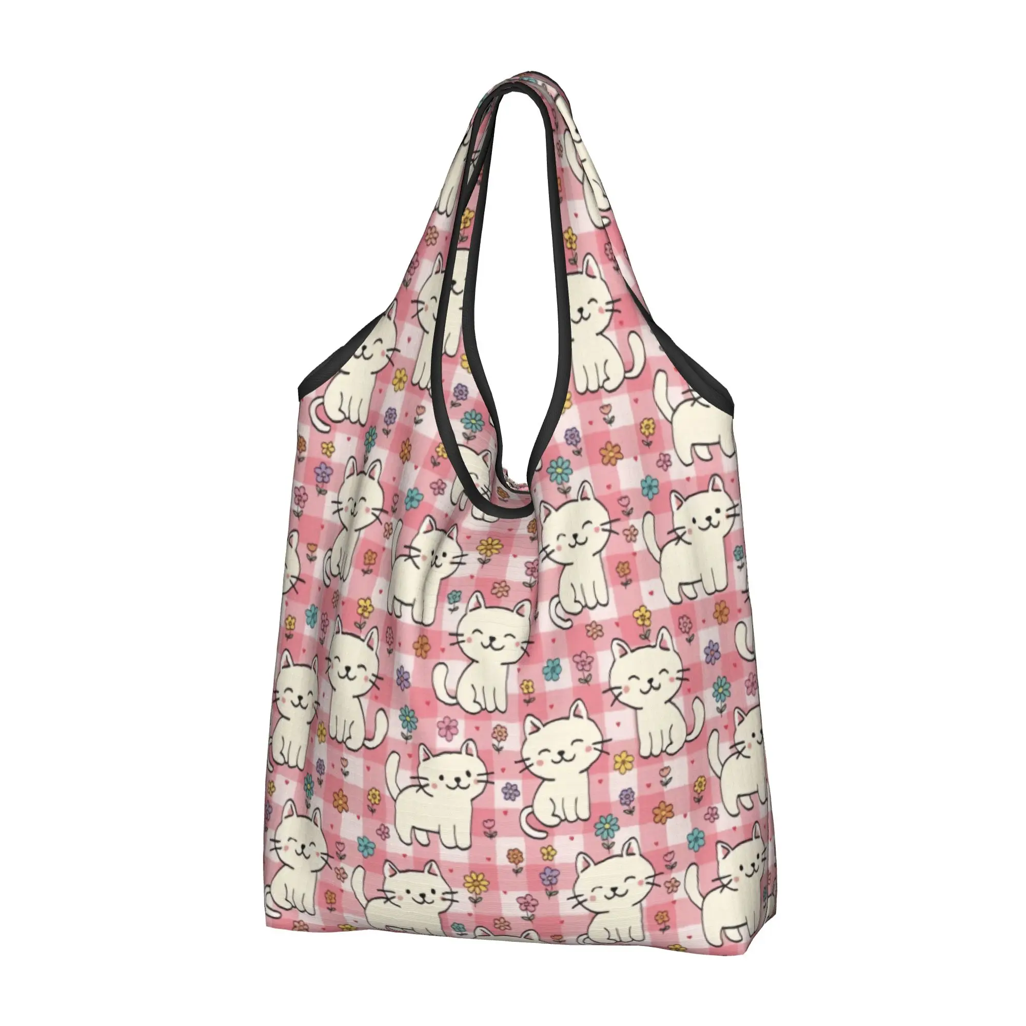 sacola-de-compras-portatil-com-estampa-de-gatos-e-flores-kawaii-em-xadrez-rosa-sem-costura-para-compras-e-supermercado