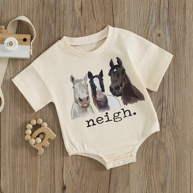 Baby Girls Boys Summer Romper Short Sleeve Crewneck Letter Horse Head Print Casual Romper