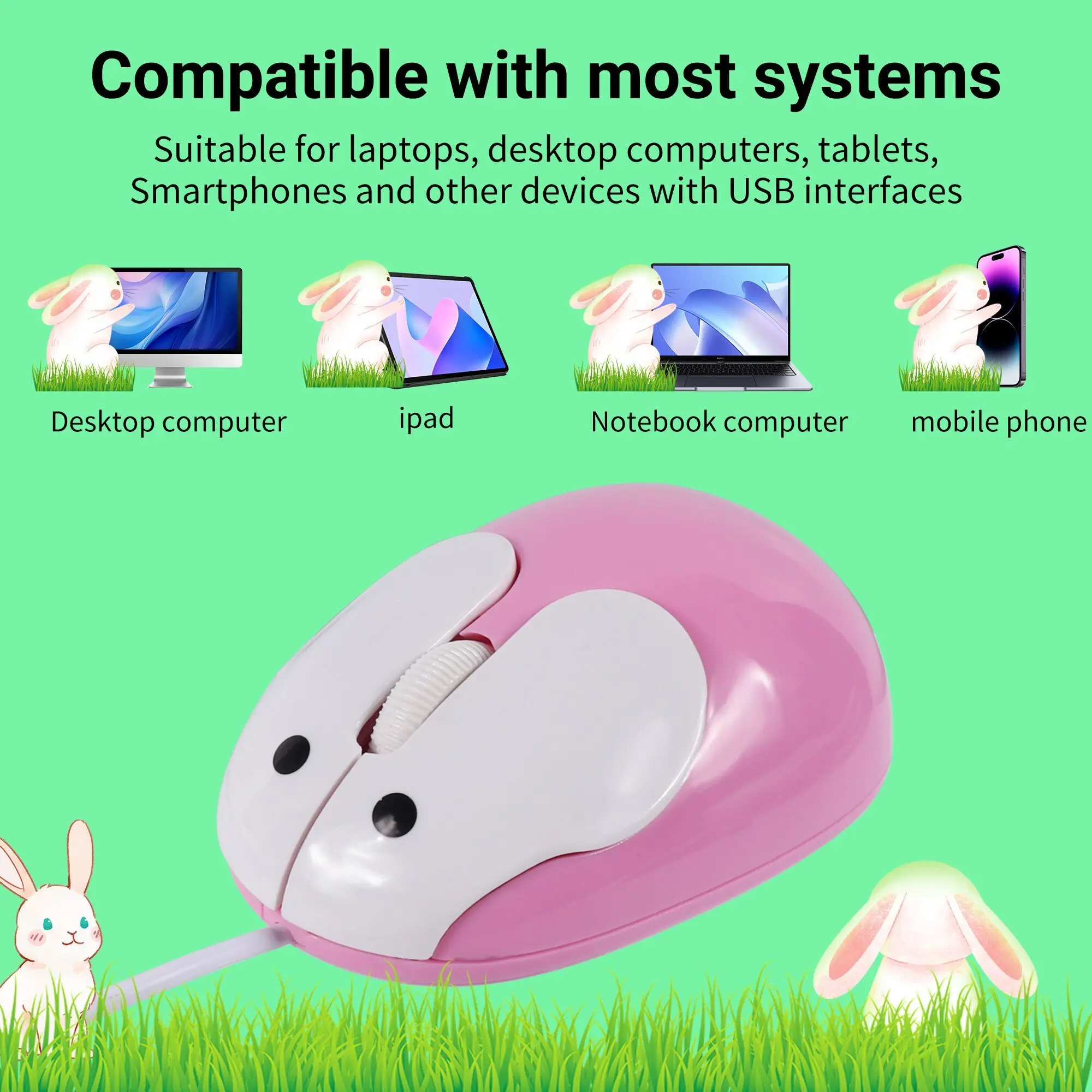 CHYI Cute Rabbit Wired Mouse 1200DPI Three Buttons Ergonomic Optical For PC Laptop Computer