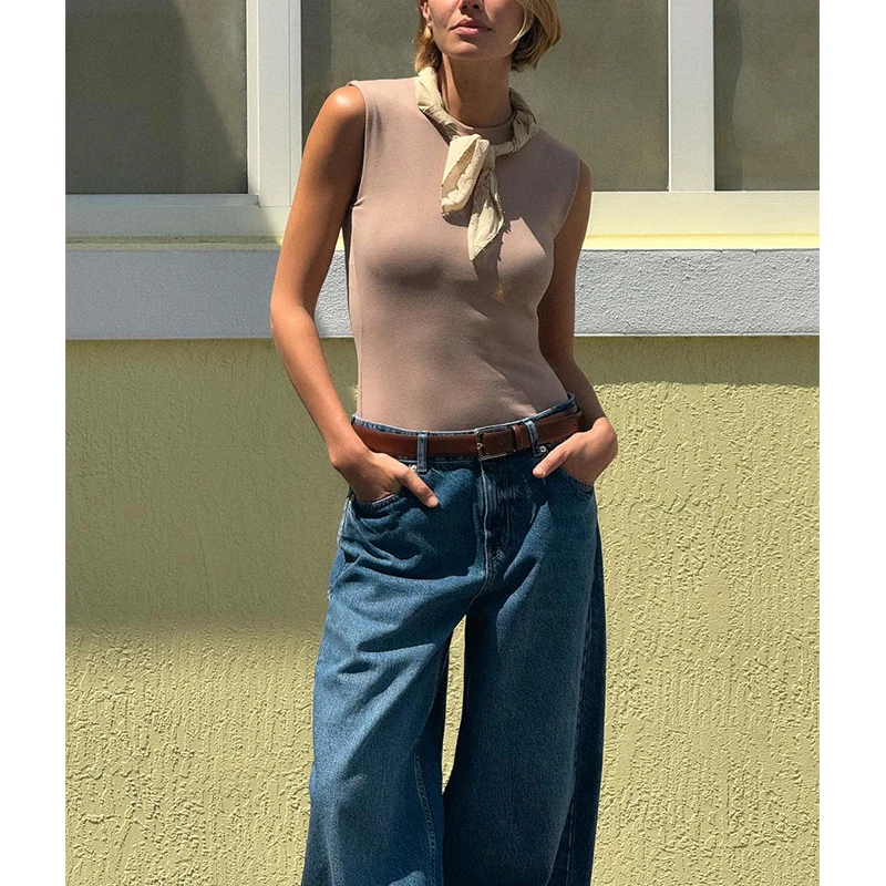 夏の新作レディースマットスレ綿混紡快適ラウンドネックトップス、マルチカラーチョイス、ファッショナブルなリブ編み