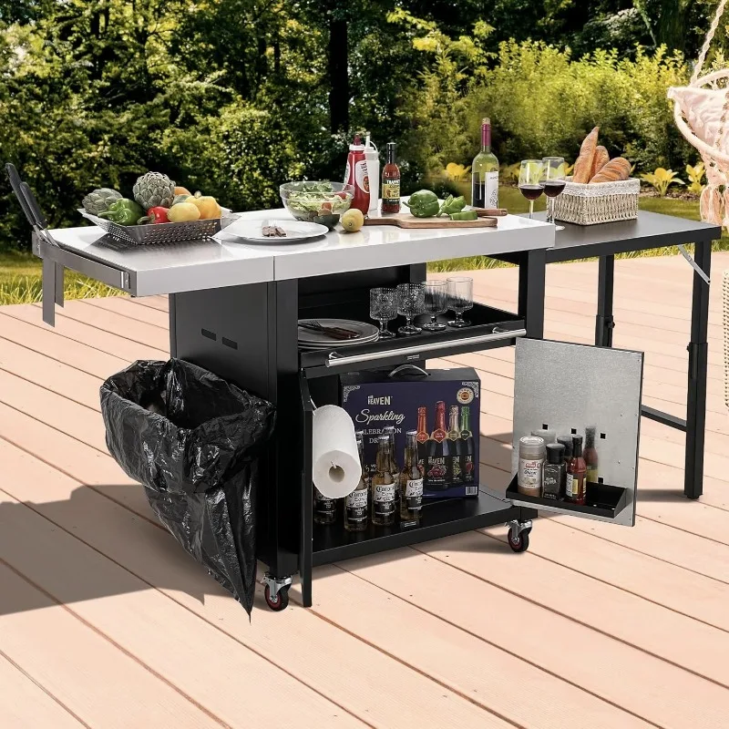 Removable BBQ Grill with Cabinets Outdoor Kitchen Foldable Side Table Stainless Steel Countertop Cart