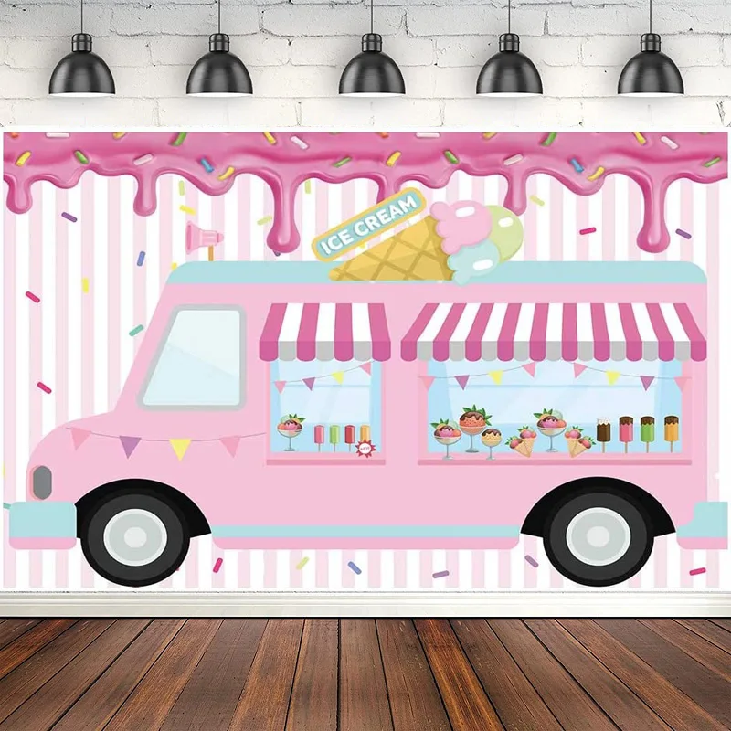 

Ice Cream Truck Shop Photography Backdrop Summer Girls Party Pink Car Background Baby Shower Birthday Cake Table Decor Banner