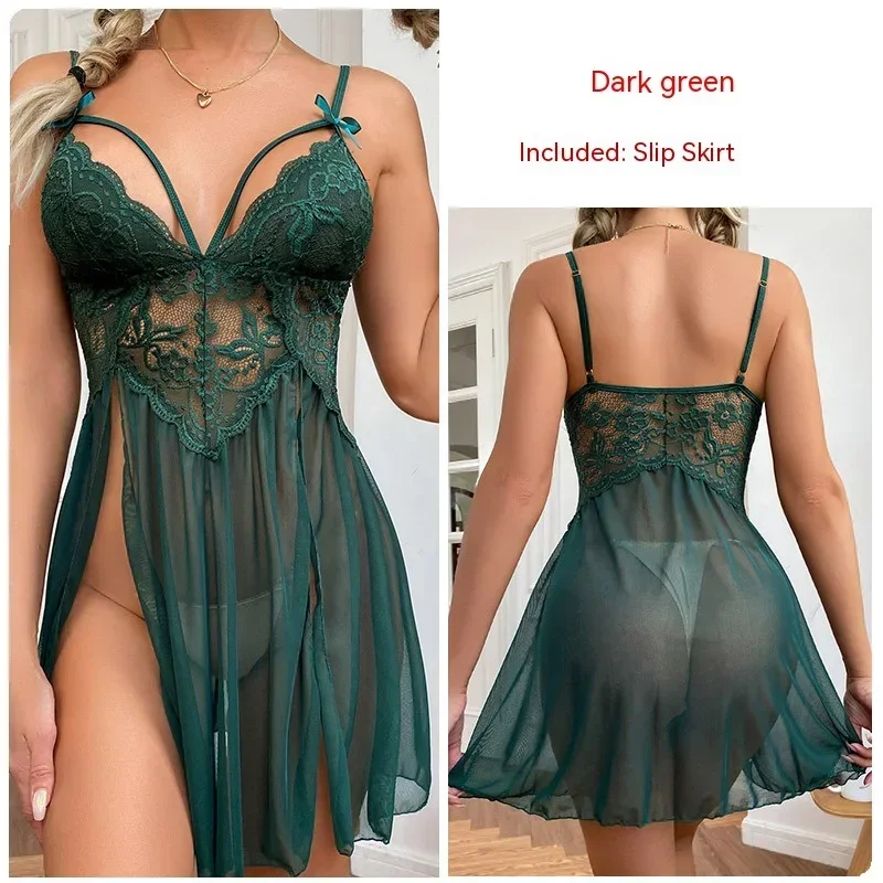 Sexy Nightwear Women Mesh See-Through Pajamas Lace Embroidery Suspender Nightdresses Black Nightgown Ladies Sleepwear Homewear 3