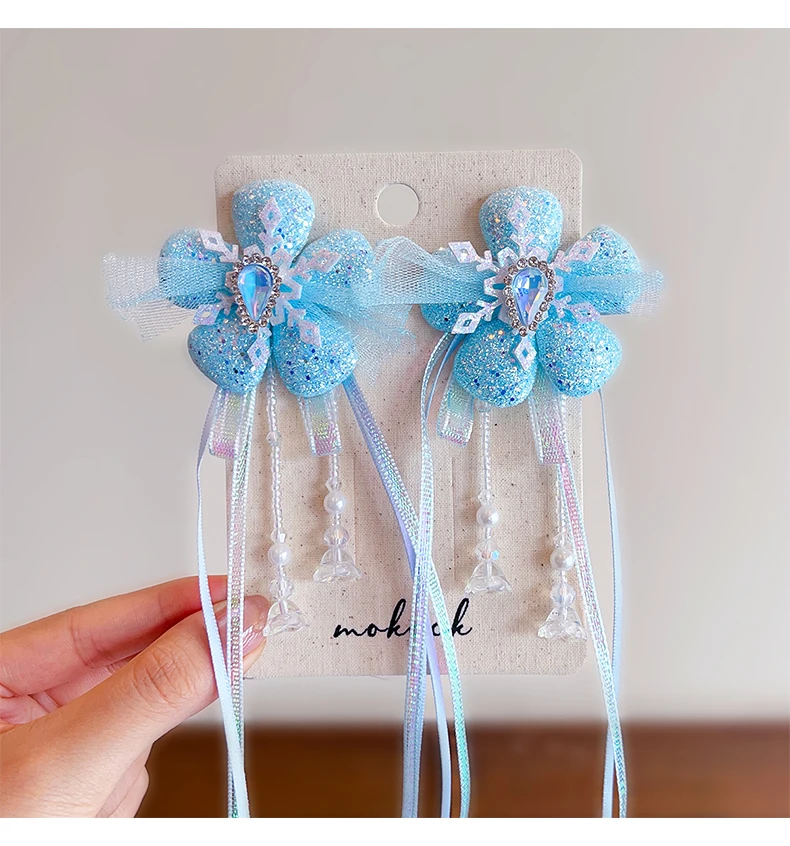 2er-Set Prinzessinnen-Haarspangen für Kleinkinder, Glitzer-Schneeflocken-Quasten-Strass-Haarspangen, schmerzfreie Haarspangen für Kindergeburtstage – Detail 5
