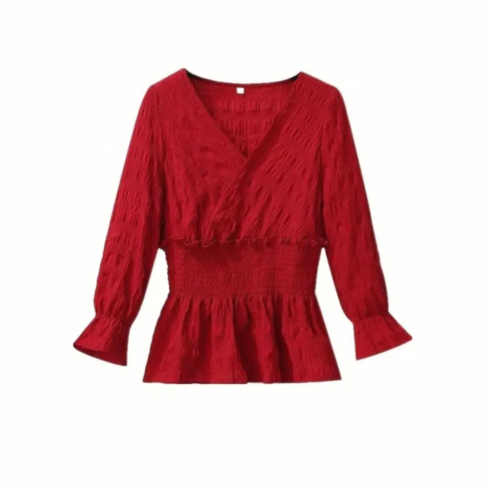 ファッション V ネックシフォン薄手シャツスリムフィットソリッドカラーシフォン Tシャツ女性長袖フリルエッジレディーストップスストリートウェア