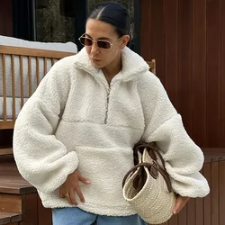 Retro Lamb Fleece Beige Hoody Autumn and Winter New Women's Fashion Loose Warm Stand Up Collar Lantern Sleeves Plush Casual Top