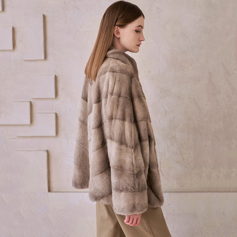 冬用輸入スワンベルベットミンクファーコート、マンダリンカラー、ミンクコート、女性用ソフトルーズショートナチュラルリアルミンクファーコート