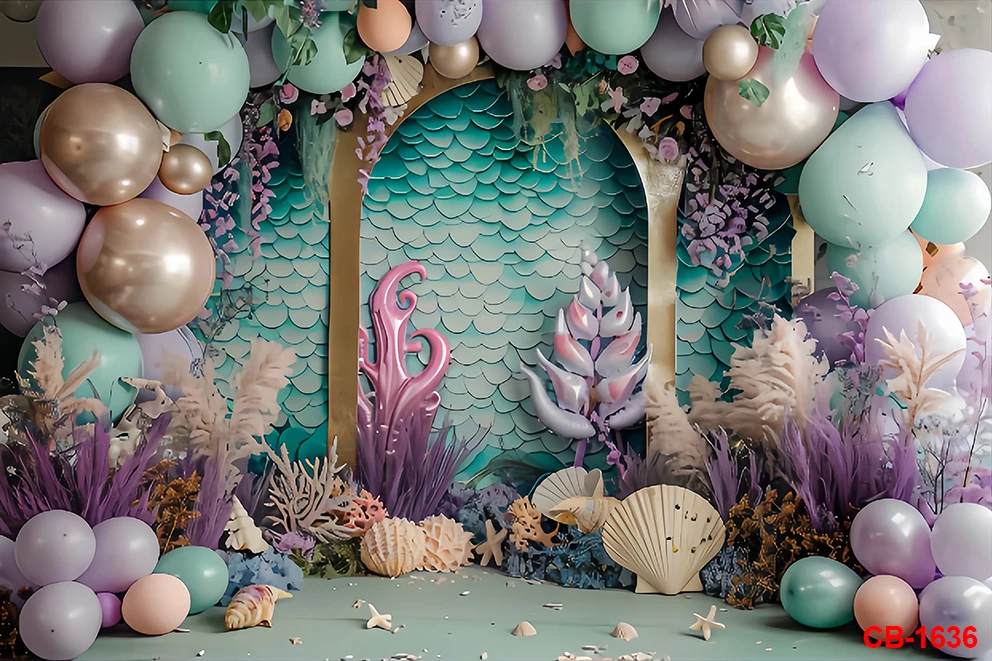 Mermaid Theme Backdrop Balloon Baby Shower Newborn 1st Birthday Party Cake Smash Photography Background Decor Photo Studio Props