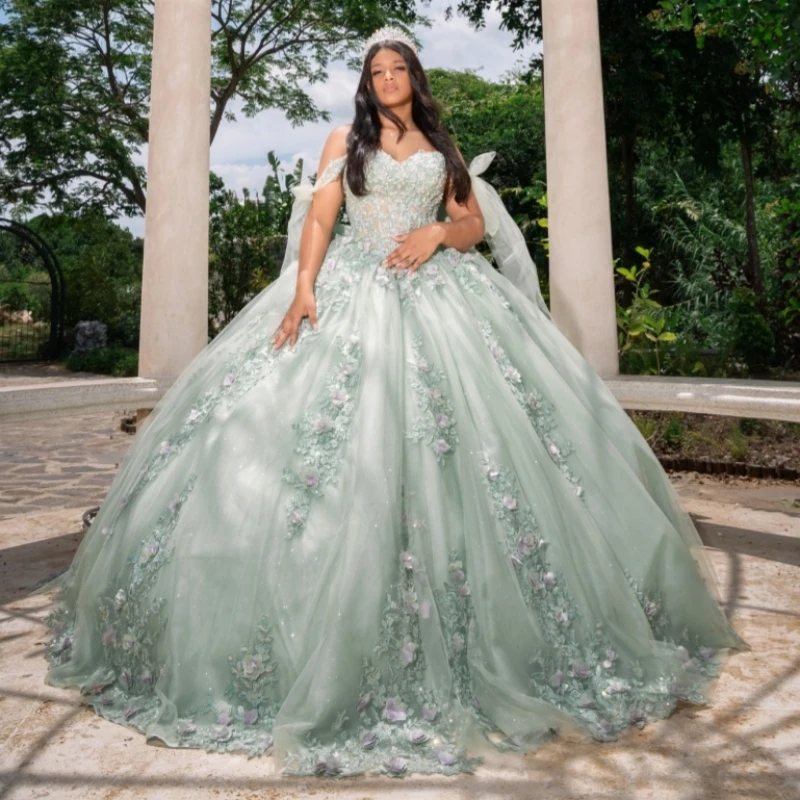 

Светло-зеленые платья Quinceanera, бальное платье с открытыми плечами, аппликация, цветок, бисер, кристалл, тюль, корсет, вечеринка, день рождения, сладкий 16