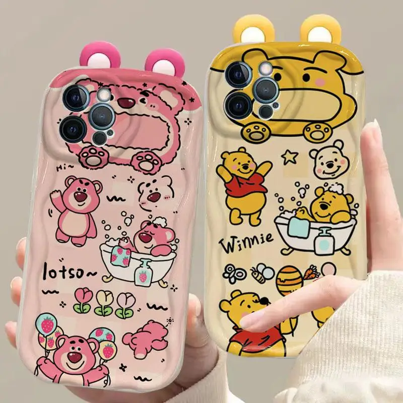 3D Ears Angry Winnie The Pooh Cute Stitch Phone Case for Iphone 16 Pro Max 11 12 13 14 15 Pro Max XR XS X 12 Mini 16 Plus Cover