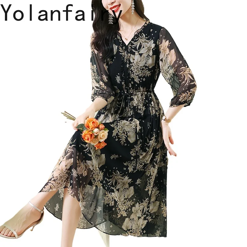 YOLANFAIRY 100% فستان حريري التوت الحقيقي للمرأة الصيف ضوء فاخر أنيق فستان زهري فساتين عطلة طويلة ملابس حريمي