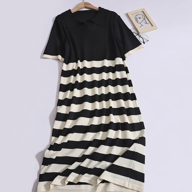 Women Summer Turn-down Collar Contrast Color Striped Short Sleeved Dress Loose Casual Worn Outside Simple Mid-Length Knit Dress