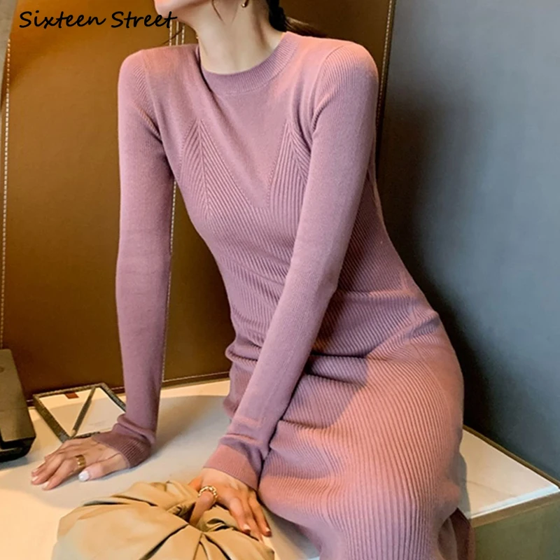 Pink Sweater Dress for Women 2023 Autumn Elegant Business Woolen Dresses Office Ladies Chic Runway Design Winter Knitted Vestido