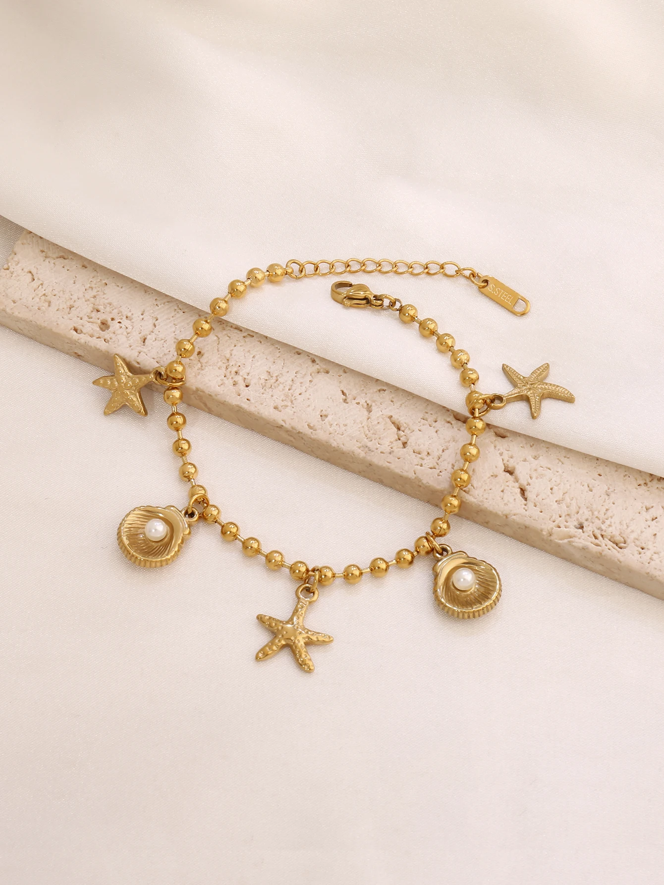 1PC 316L Stainless Steel Imitation Pearl Shell Starfish Charm Bracelet For Women Waterproof Summer Beach Bracelets Jewelrry Gift