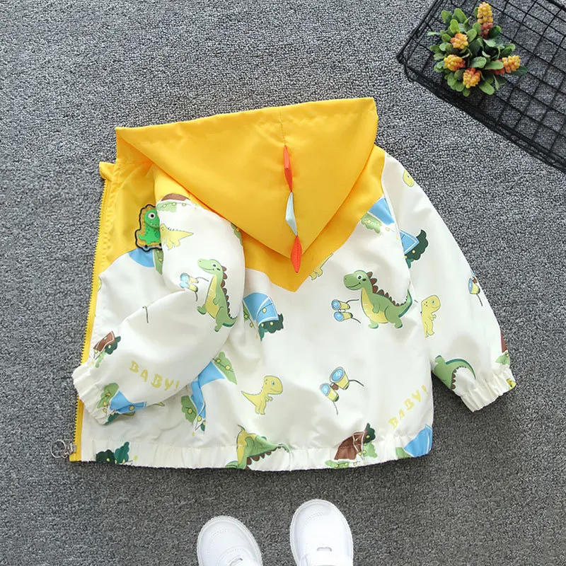 Spring Autumn Baby Boys Coats Full Print Cartoon Dinosaur Splicing Hooded Windbreak For 1-6 Years Kids Handsome Outwear