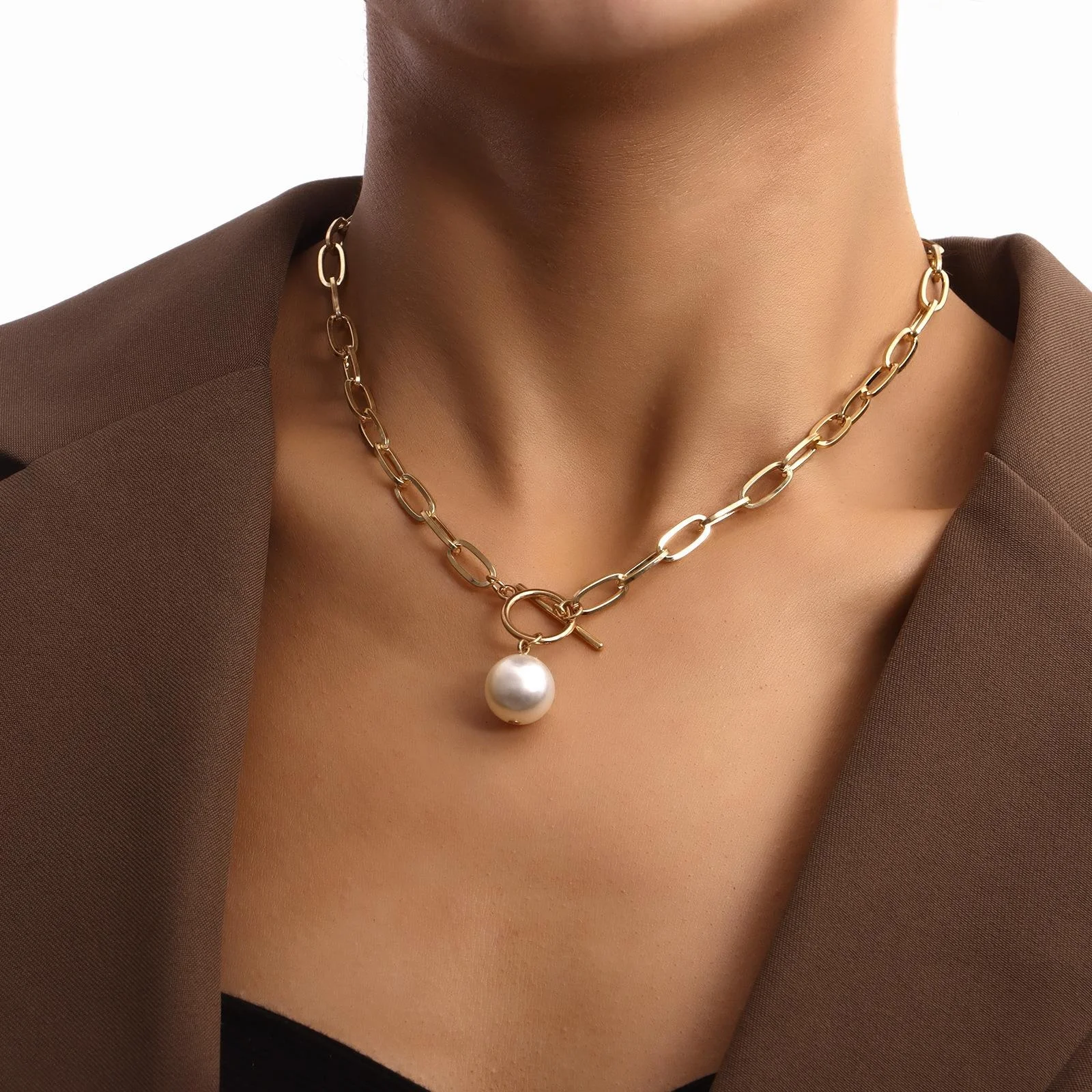 

Simple Pin Bamboo Node Large Pearl Pendant Nelace Women's Punk Trend Accory Cross-Border Jewelry Ele Autumn Wear